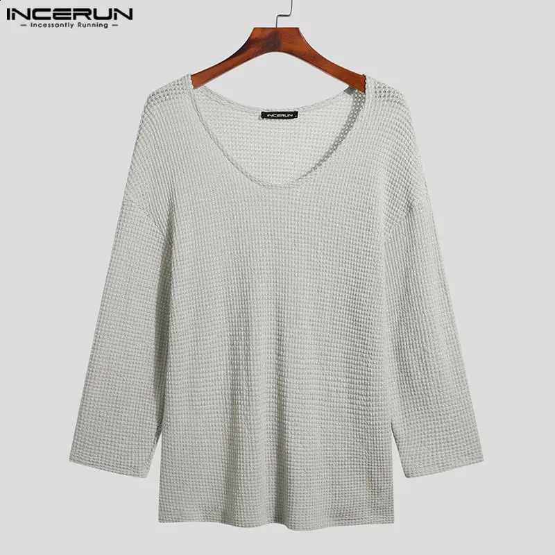 INCERUN Mens Tshirt Solid color Knitted Vneck Long sleeved Casual Street Clothing Hollow Loose Camisetas S5XL 240816