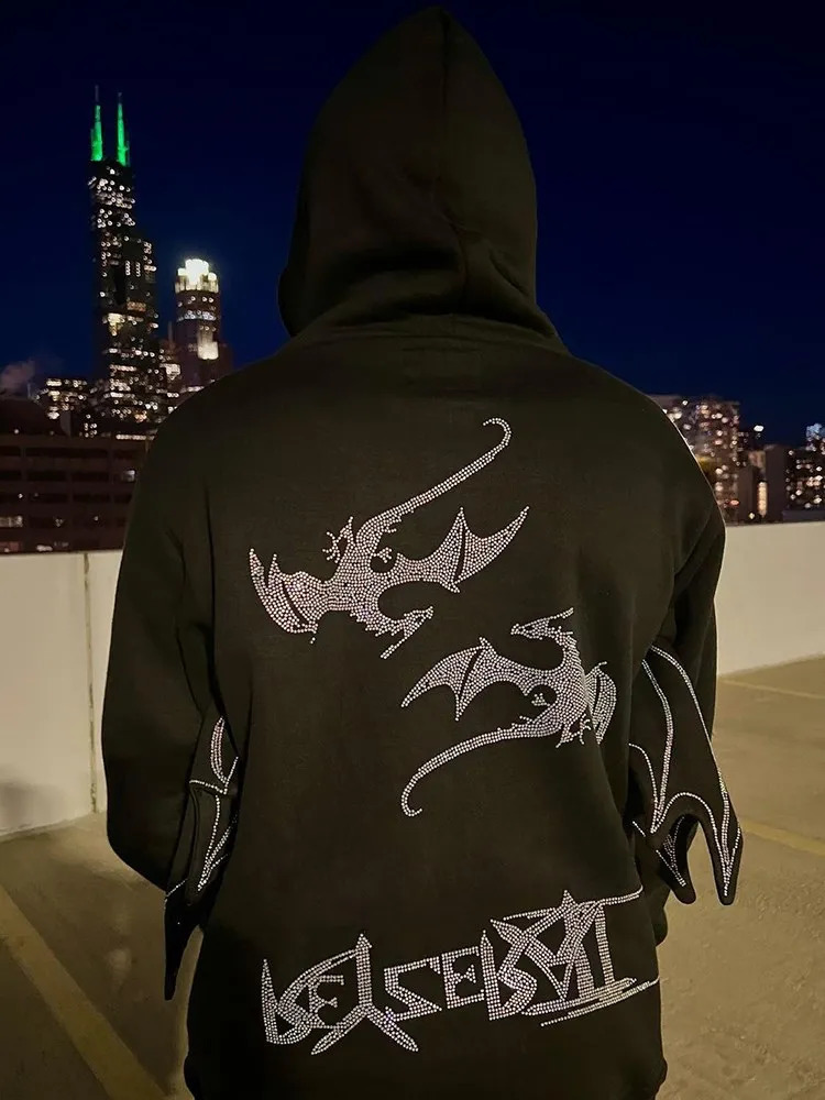 Mens Y2K Style Clothes Fashion Retro Street Zip Hoodie Fire Dragon Rhinestone Pattern Unisex Sports Fancy Shoulder Sleeve Top 240810