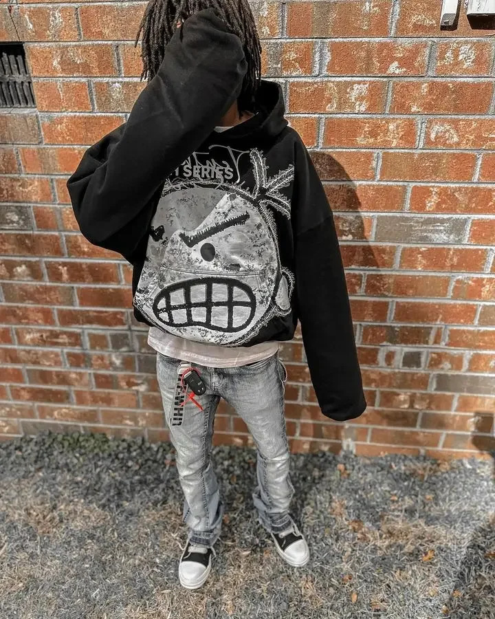 Y2K cartoon graphic printing super large hooded sweatshirt for men and women retro Harajuku Gothic streetwear black zipper hooded sweatshirt240812
