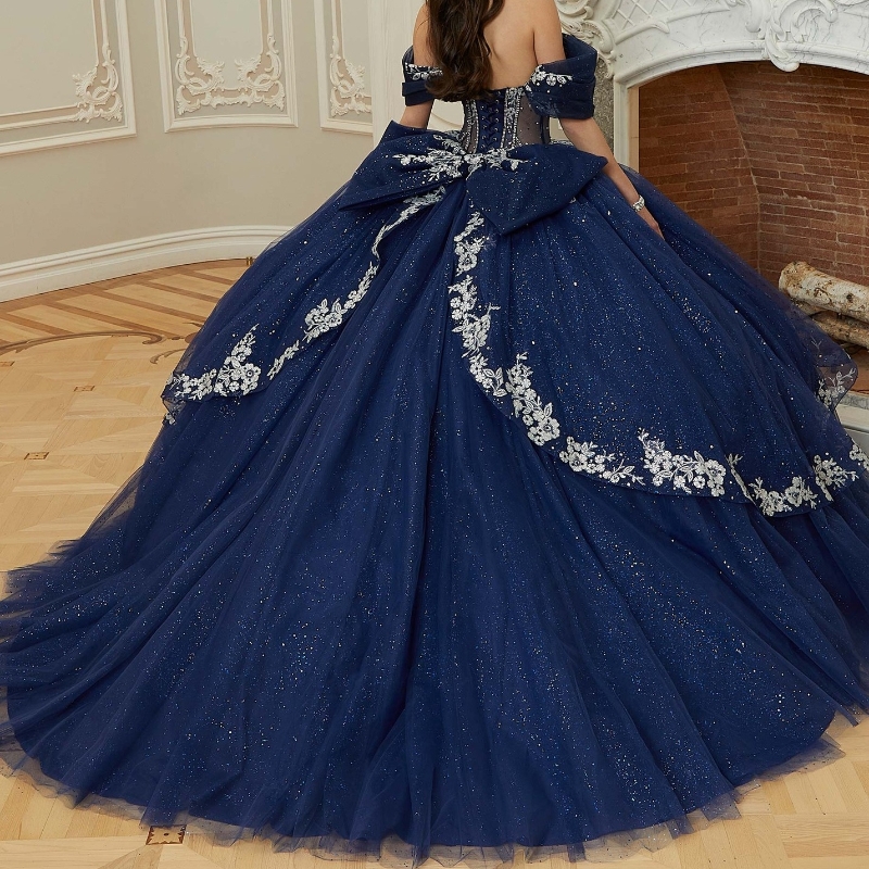 Blue Navy Shiny Quinceanera Dress Ball Gown Off The Shoulder Applique Beading Crystals Tull Corset Sweet Vestido De Anos I