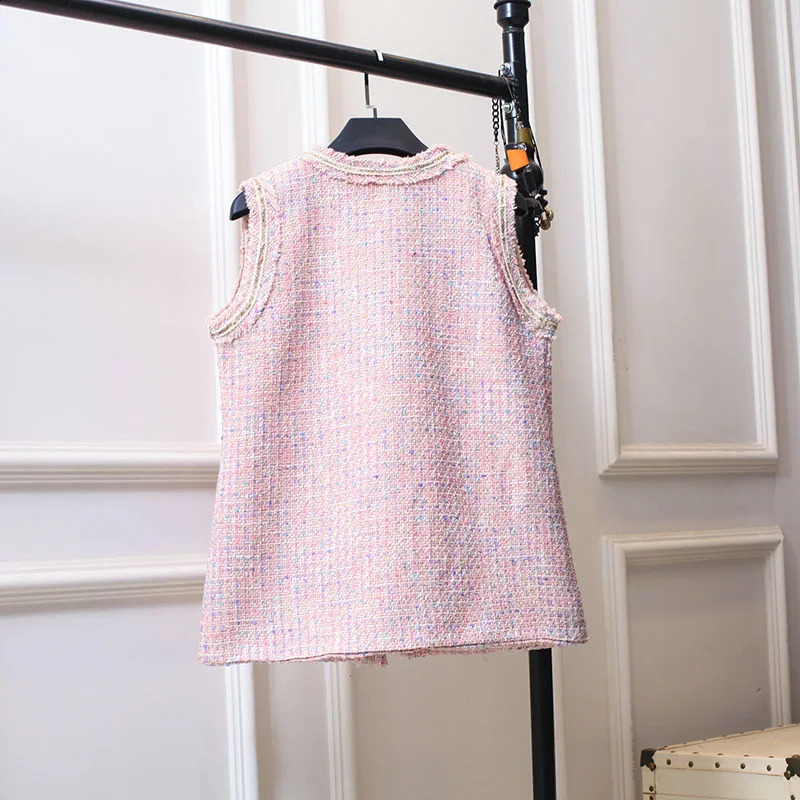 Spring Autumn Versatile V-Neck Pink Fragrant Vest French Tweed Waistcoat Coat 240810