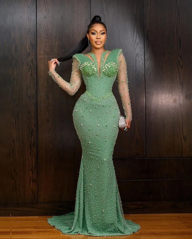 Green Aso Ebi Mermaid Long Sleeves Beaded Arabic Prom Dresses Formal Party Second Reception Birthday Engagement Evening Gowns Dresses Robe De Soiree