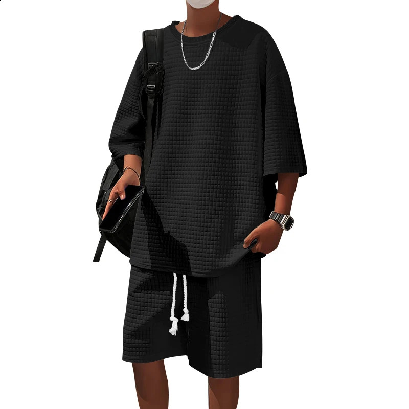 2024 Summer Casual Shorts Set Knitted Two Piece Mens Clothing O-Neck Short Sleeve T-shirt and Shorts Streetwear Knit Outfits 240810