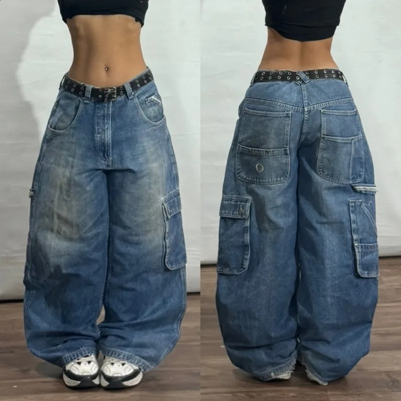 Y2K Harajuku Fashion Heavy Industry Multi Pocket Jeans Womens Street Hip Hop Gothic High Waist Wide Leg Pants 240921