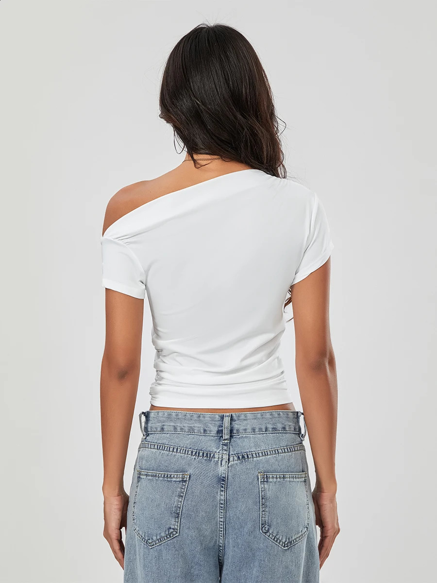 Y2k Clothes Women Off-One-Shoulder Cropped Tops Short Sleeve Slim Fit Short T-Shirts Solid Color Basics Tees for Streetwear 240810