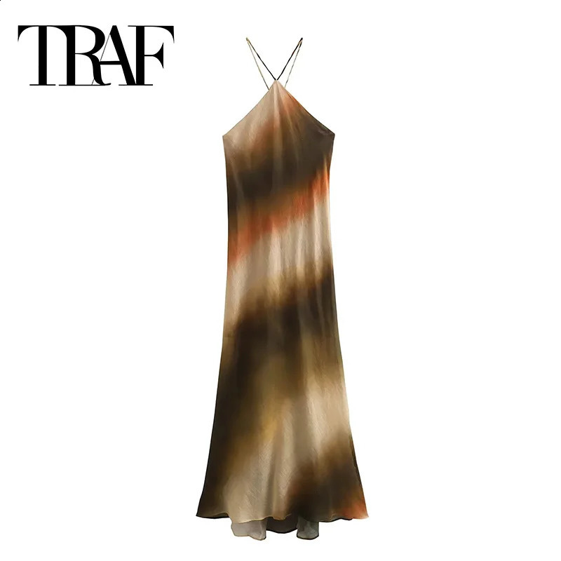 TRAF Tie dye Halter Long Dress Women Off Shoulder Sleeveless Backless Dress Summer Vintage Dresses Woman Party Dresses 240810