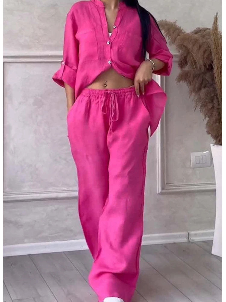 Women Casual Two Piece Sets Solid Longsleeve Female Shirt Wideleg Trousers Loose Drawstring Pants Pockets Ladies Clothing y240815