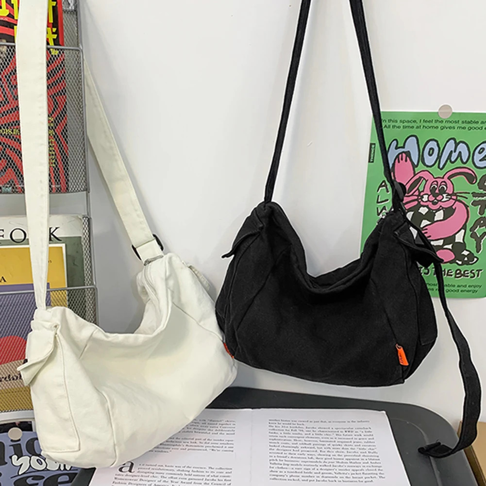 Female Canvas Fabric Hobo Soft Slouchy Shoulder Bag Y2K Student Leisure Medium Size School Book Laptop Pouch Messenger Side y240816