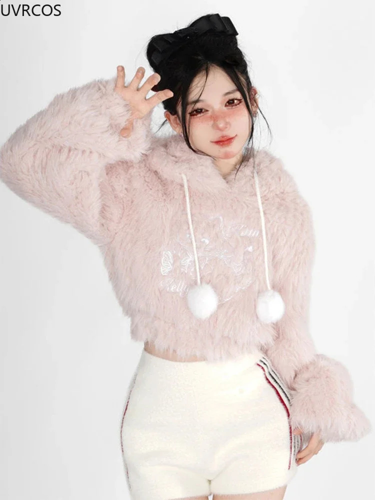 Japanese Kawaii Hoodies Womencute Pink Cat Embroideery Plush Cropped Ears Hoodie Korean Style Sweatshirt Y2k Short Pullover Tops 240810
