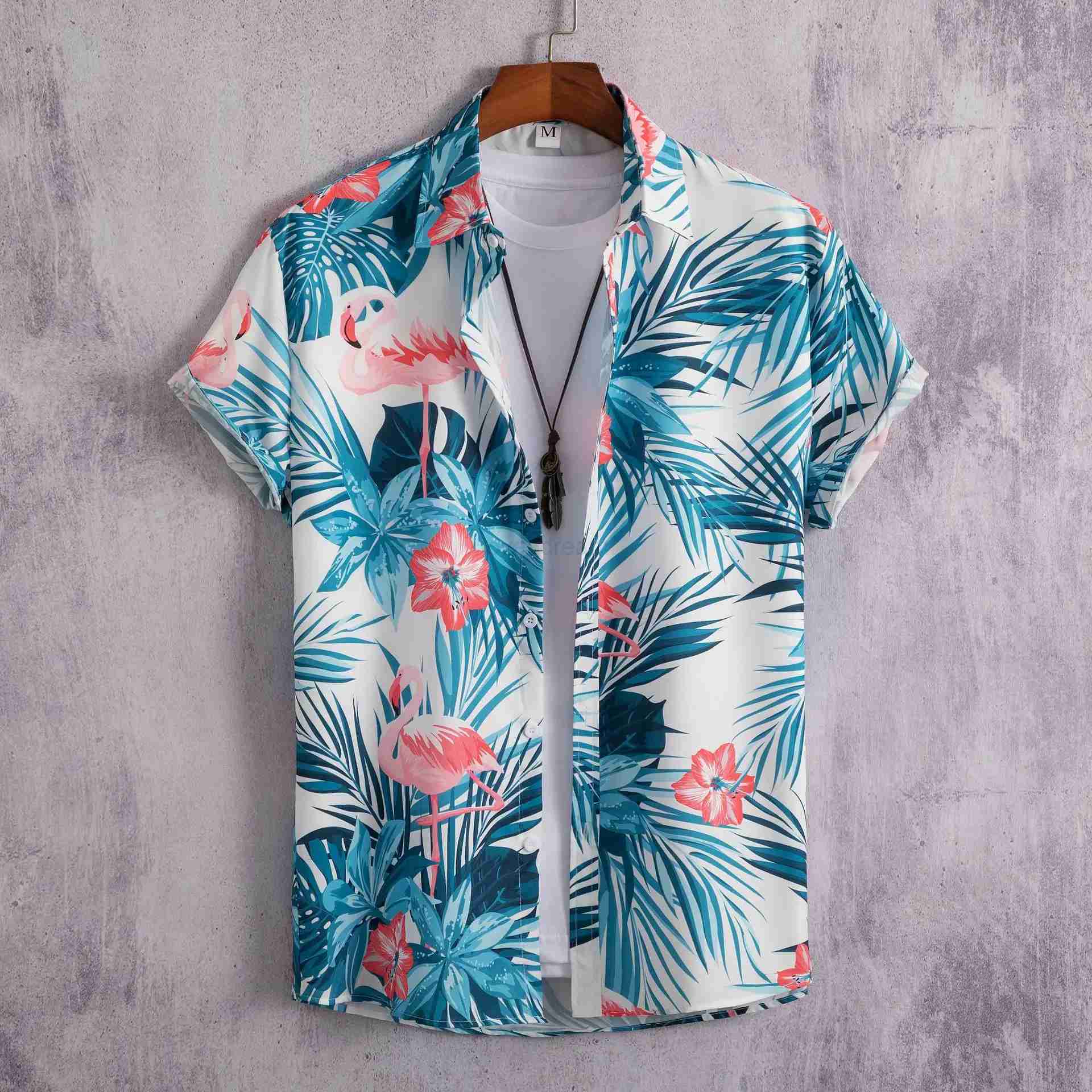 2023 Hawaiian Shirt Men Fashion Flower Geometric Printed Blouse Single-breasted Beach Short SleeveTops Mens Holiday ClothingXJ240812