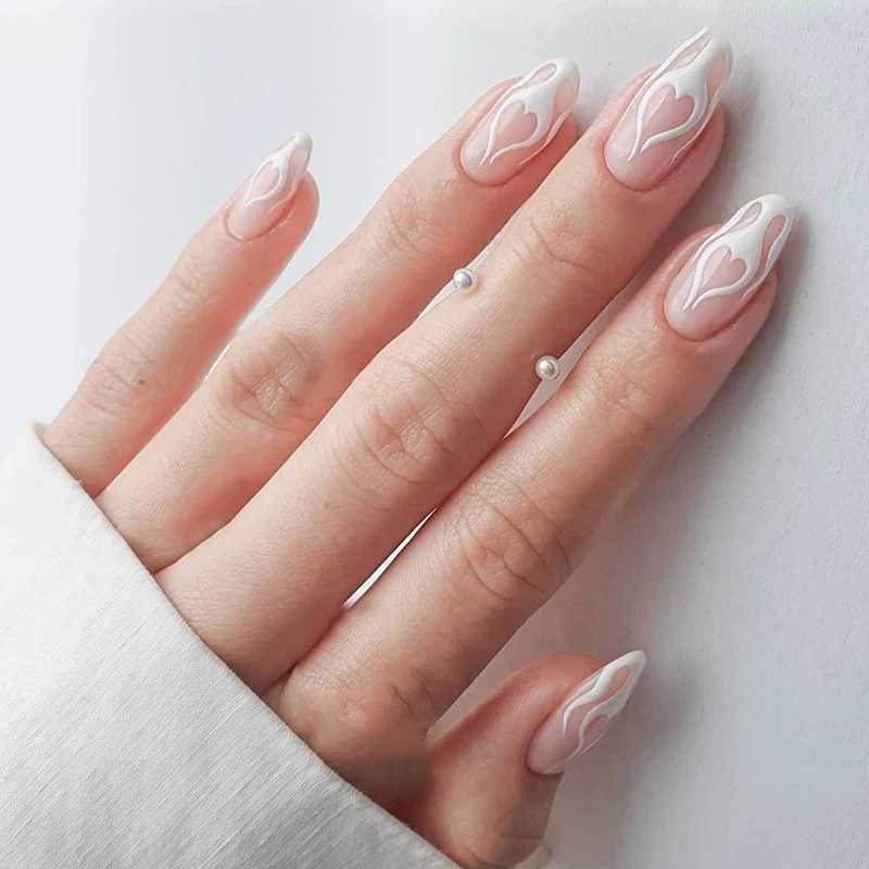 24 pieces of blue wave printed fake nail patch adhesive type detachable long section fashionable ergonomic coffin fake nail ballet dancer art W240810