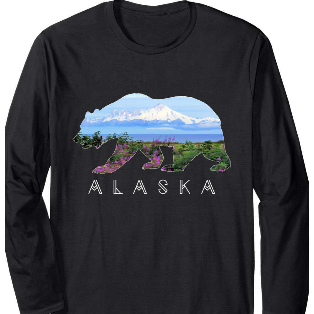 Long Sleeve Shirts For Men Sweatshirt Alaskan Bear With Wildflowers Concise Mountain Snow LONG SLEEVE Graphic Tee Streetwear Casual Tops Clothes sweat