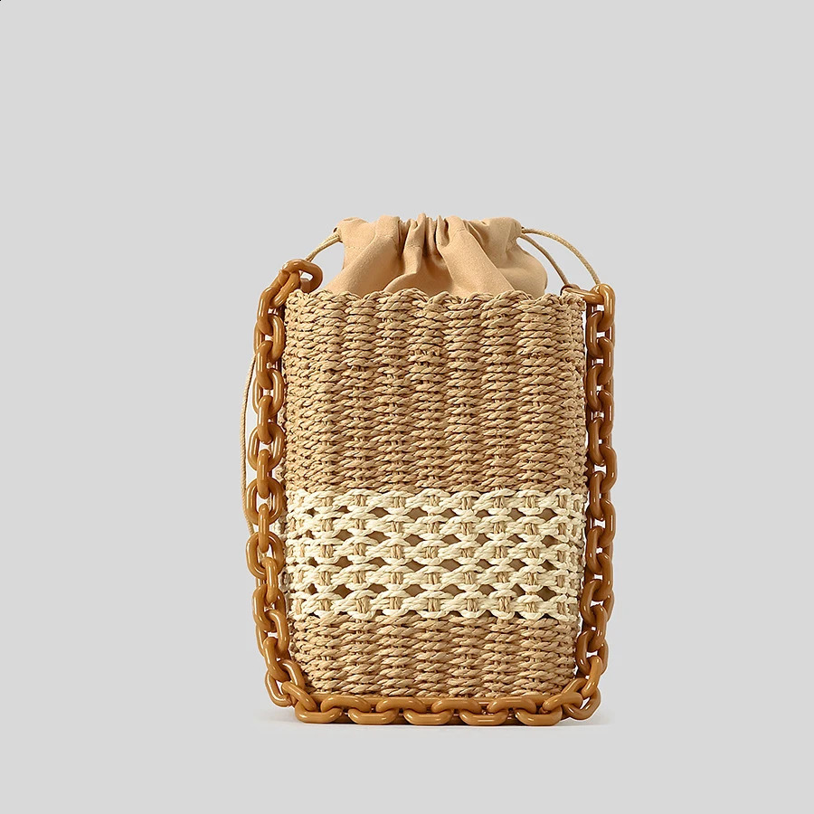 Fashion Acrylic Chains Straw Buckets Bag Woven Women Shoulder Bags Handmade Summer Beach Bag Trend Small Bali Purses 240812