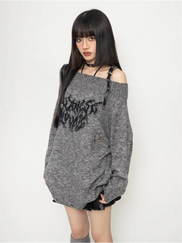 Deeptown Grunge Y2k Sweater Knitwear Women Japanese Style Gothic Off Shoulder Long Sleeve Ripped Jumper Harajuku Goth Streetwear 240812