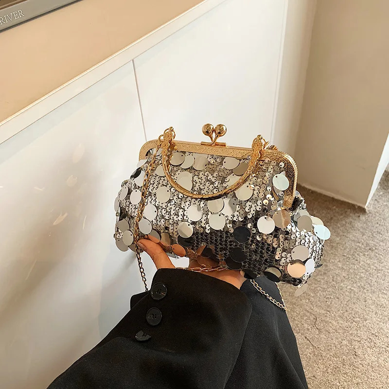 Sparkling clutch bag fashionable evening chain strap shiny shoulder large capacity top handle wallet for wedding parties 240810