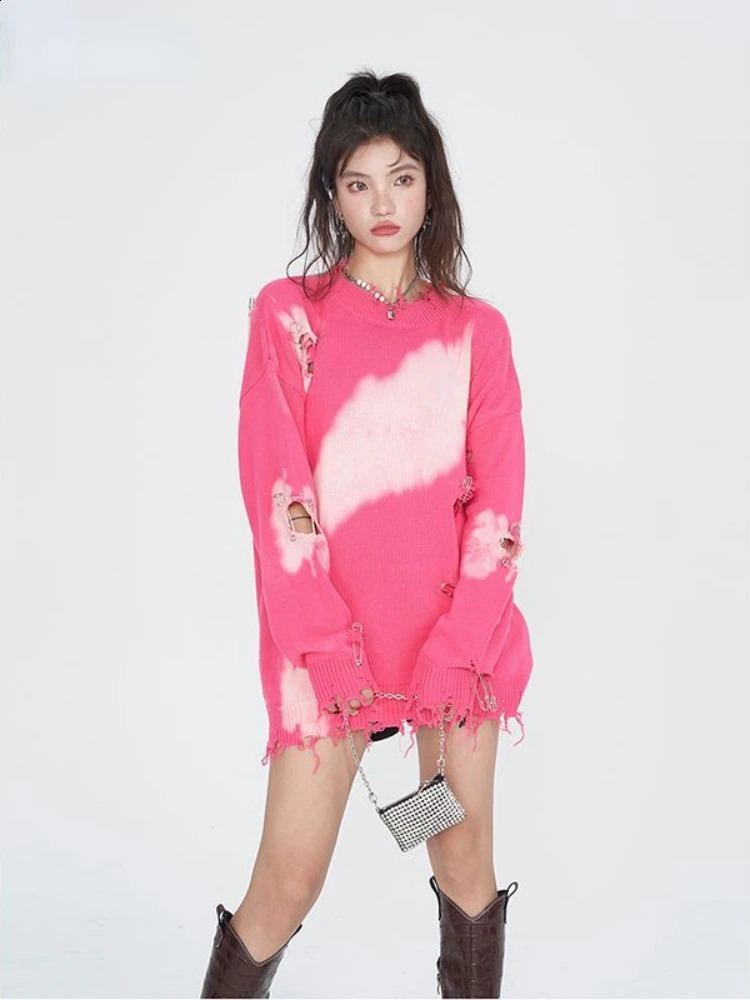 HOUZHOU Harajuku Gothic Sweater Women Streetwear Hollow Out Y2k Tops Autumn Winter Knitted Pullovers Oversized Vintage Sweater 240812