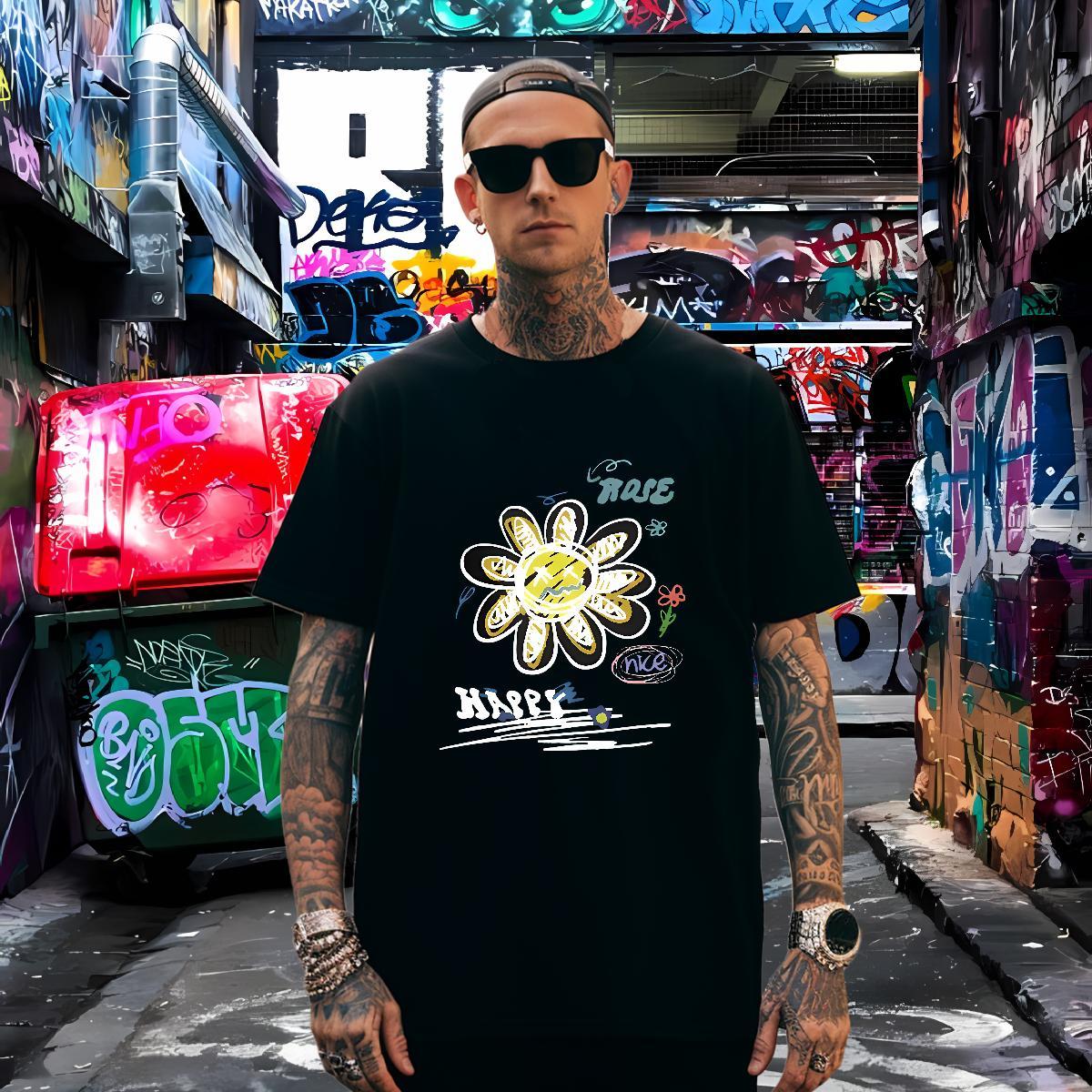 T-Shirts for Men 230g Pure Cotton flower Home Outdoor O Neck Short Sleeves Custom Cartoon Tshirts Wholesale Cool Tops