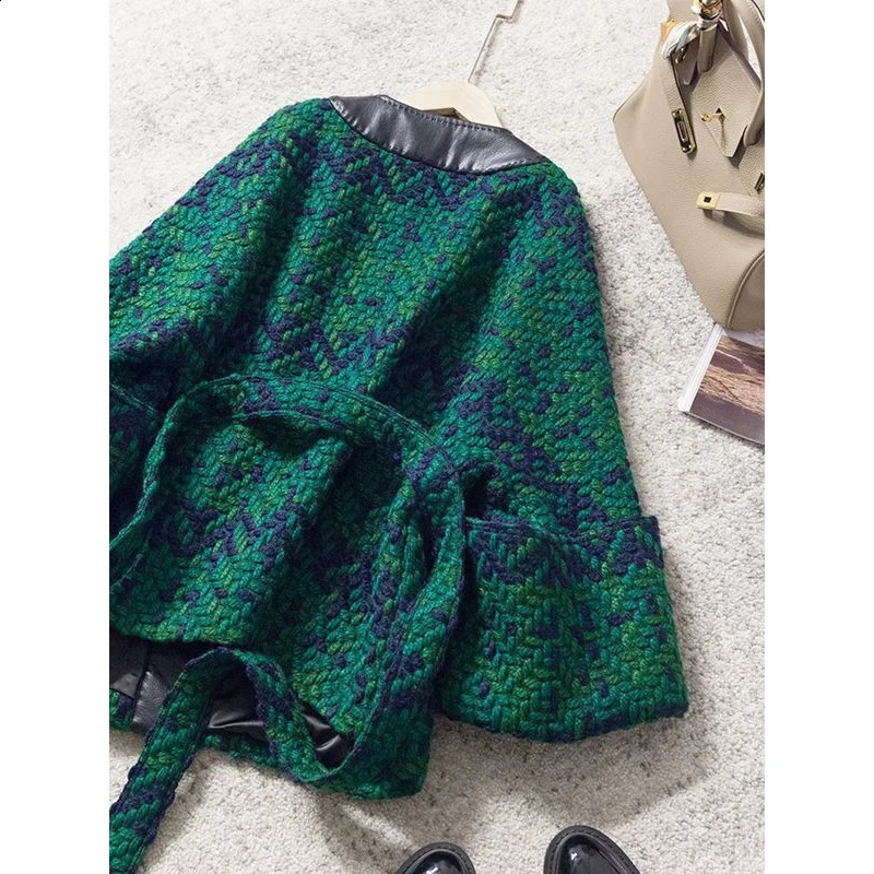 Casual Loose Green Tweed Blazer French Women Autumn Coats Sashes Long Sleeve Slim Pu Leather V- Neck Mid-length Vest Jackets 240812