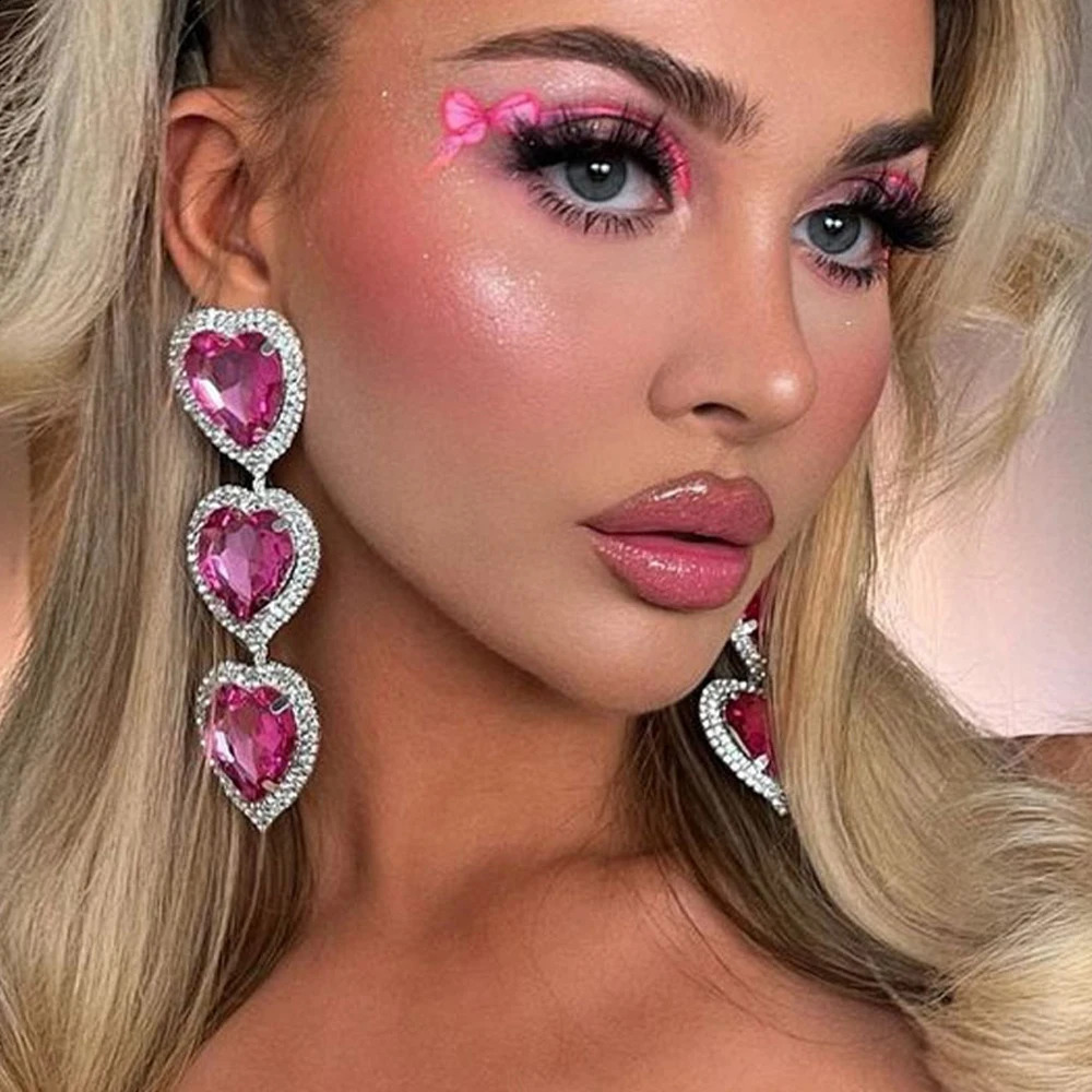 Exaggerate Pink Crystal Heart shaped Earrings Declaration Jewelry Women Love Pendant Water Diamond Pendant Earrings Party Gift 240810