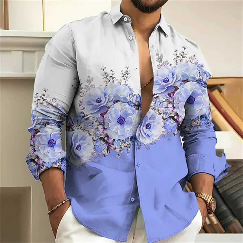 Mens button-up shirt casual business spring and summer plus size long sleeve flat lapel street resort wear fashionable casualXJ240812
