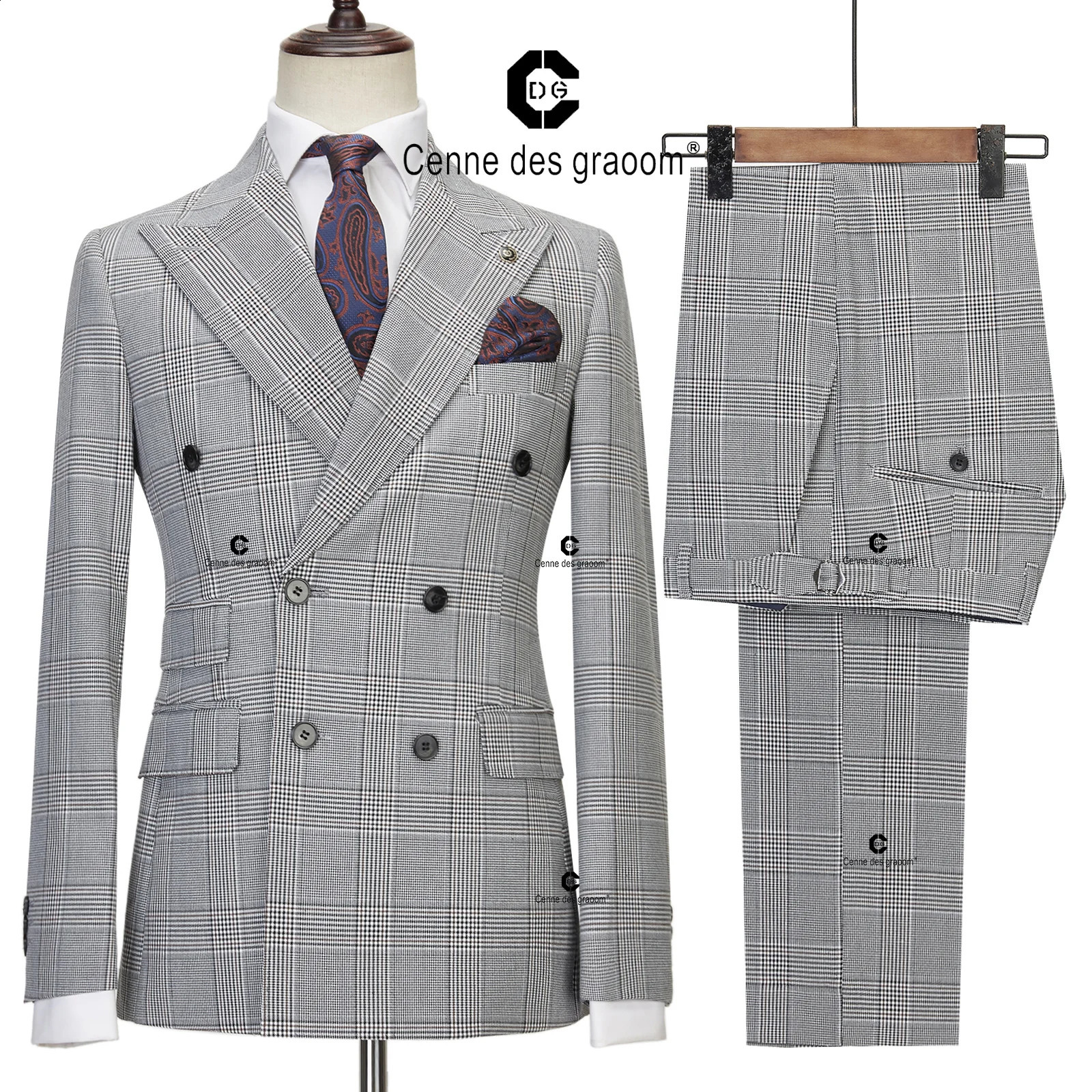 Cenne Des Graoom Classic Full Mens Suit Plaid 2 Pcs Vintage Double-Breasted Jacket Vest Pants for Office Business Wedding 240812