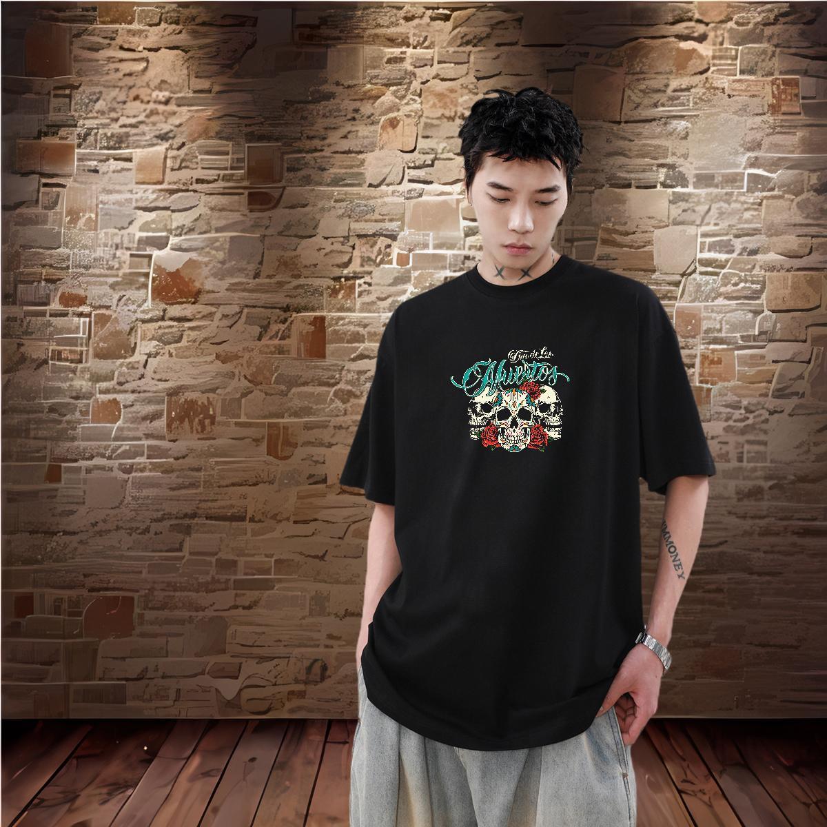 New Designer Men T Shirts skull Clothes 230g Cotton Casual Beach Loose Fit Cartoon Print O Neck Short Sleeves Mens Tshirts