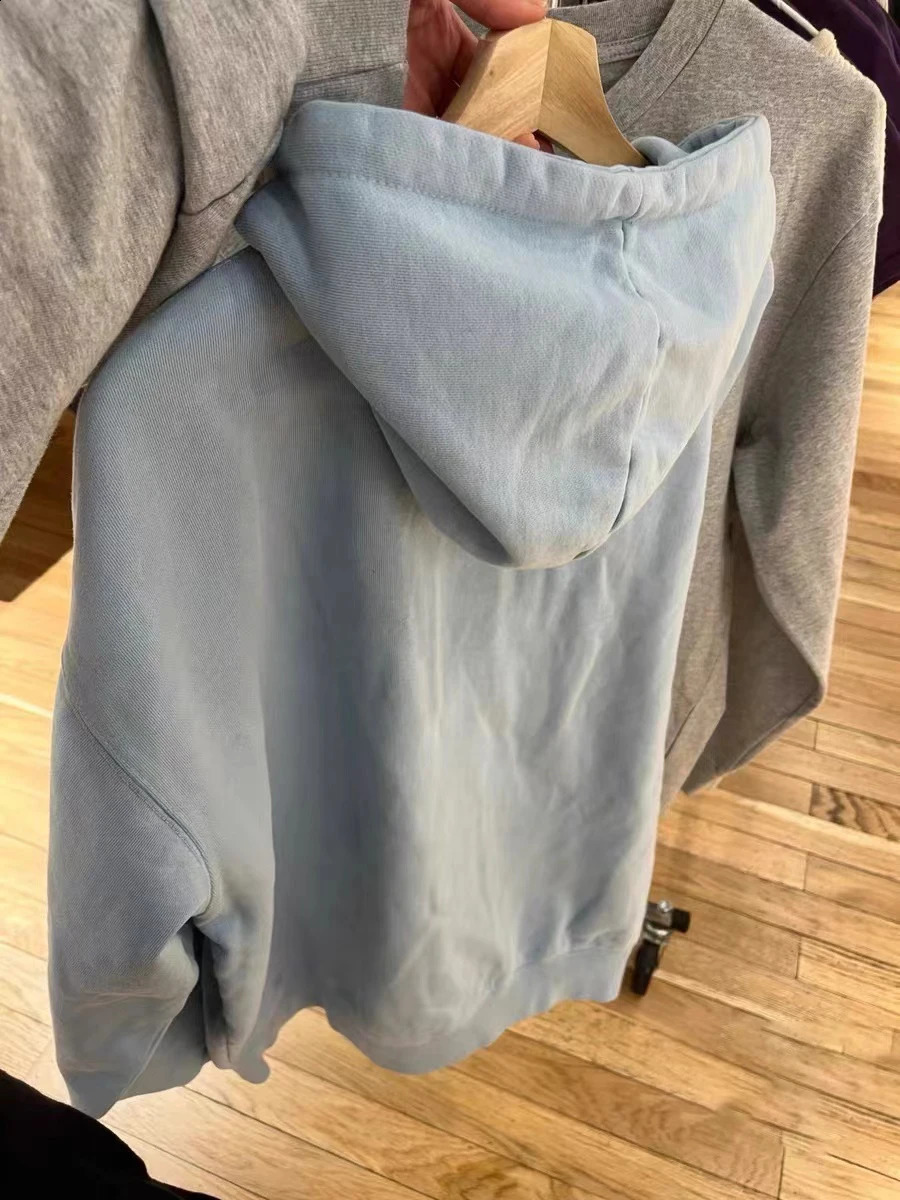 Blue Simple Oversized Hoodie Women Autumn Pocket Cotton Drawstring Hooded Sweatshirt Female Streetwear Solid Zip-up Sweatshirts 240812