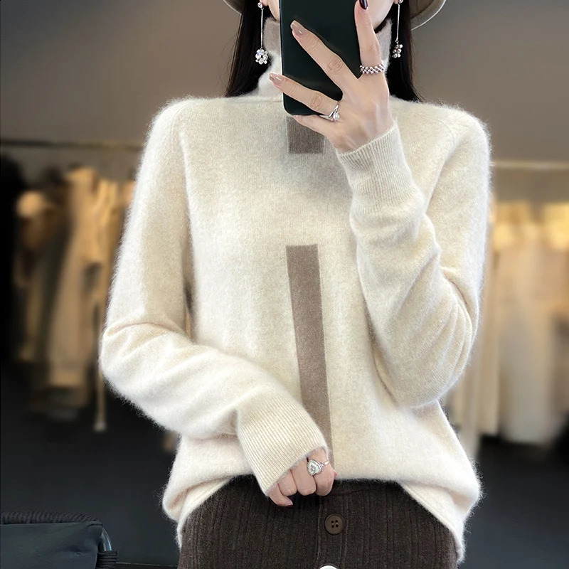 100% Mink Fleece Sweater Womens Stand Up Collar Colored Top Pullover Spring And Autumn Korean Fashion Tight And Warm Fit 240812