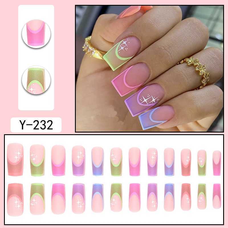 24 pieces of paraffin nail shapes multi-color French pattern fake nails+1 jelly glue+1 random color nail files W240810