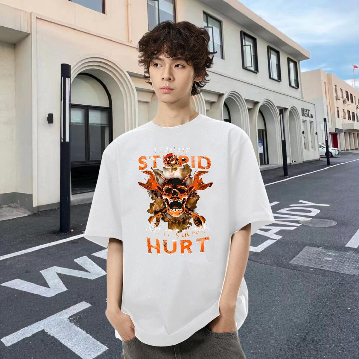 New Mens T Shirts skull Tops Shirt 230g 100% Cotton Sport High Quality Cartoon Print Crew Neck Tshirts