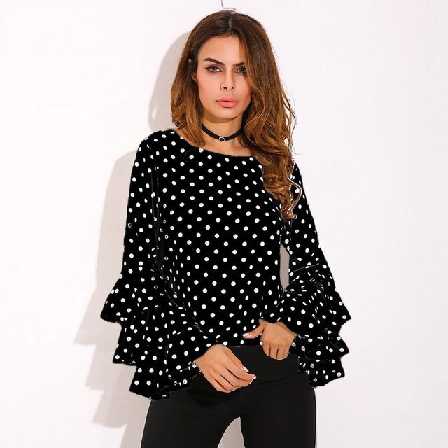 Polka Dot Shirts Women Retro Summer Blouse Ruffles Long