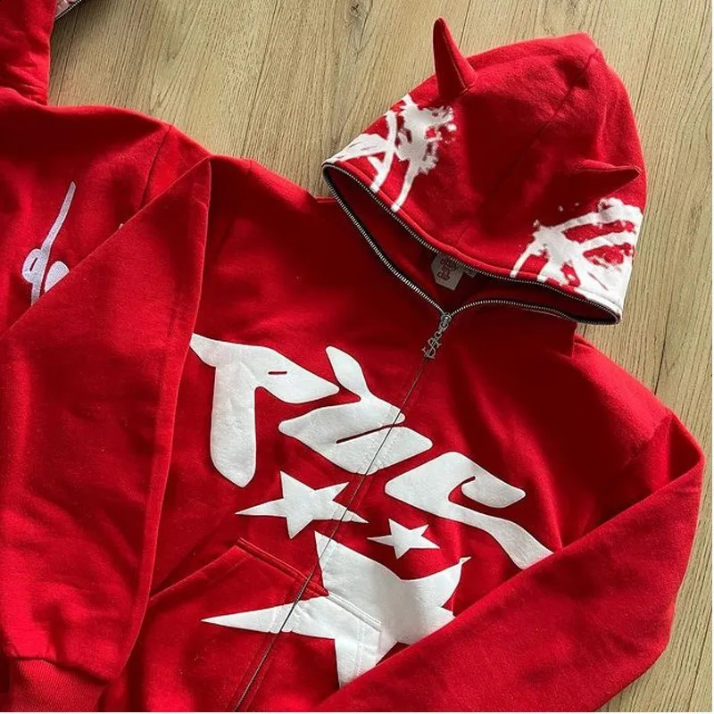 Y2K Clothes Grunge Hoodie Full Zip hip hop Star Graphic Sport Horn Coat Long Sleeve Oversized hoodie Harajuku Streetwear 240809