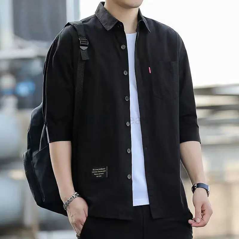 Solid Color Mens Casual Long Sleeve Lapel Casual Loose Handsome All-match Spliced Button Pockets Simplicity Three Quarter ShirtXJ240812