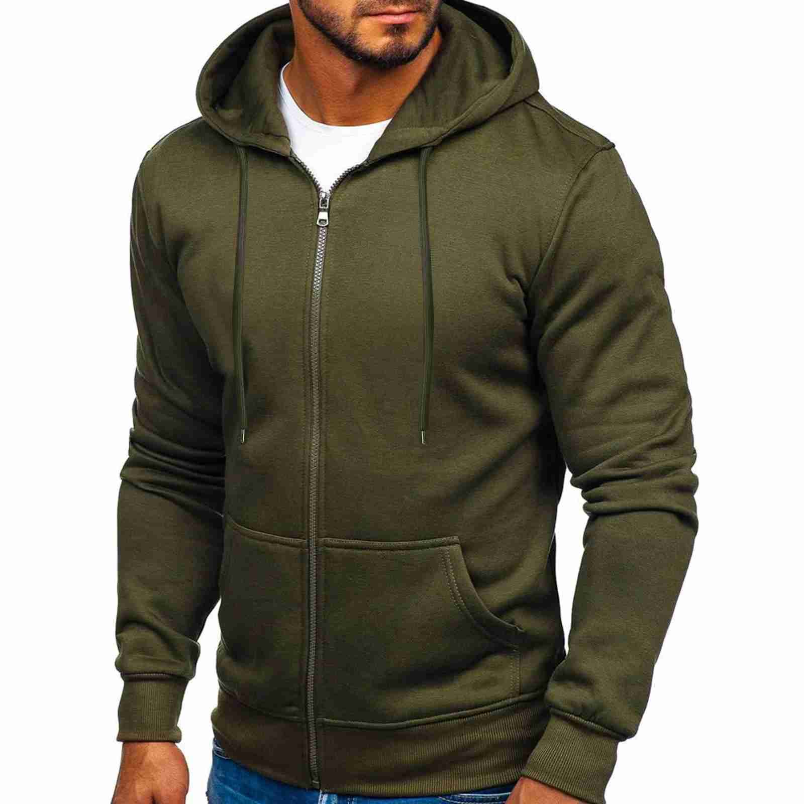 Mens Solid Color Hoodies Zip Up Hooded Tops Sweatshirts Outdoor Sports Tracksuits Drawstring Pockets Cardigan Coat TracksuitsXJ240812
