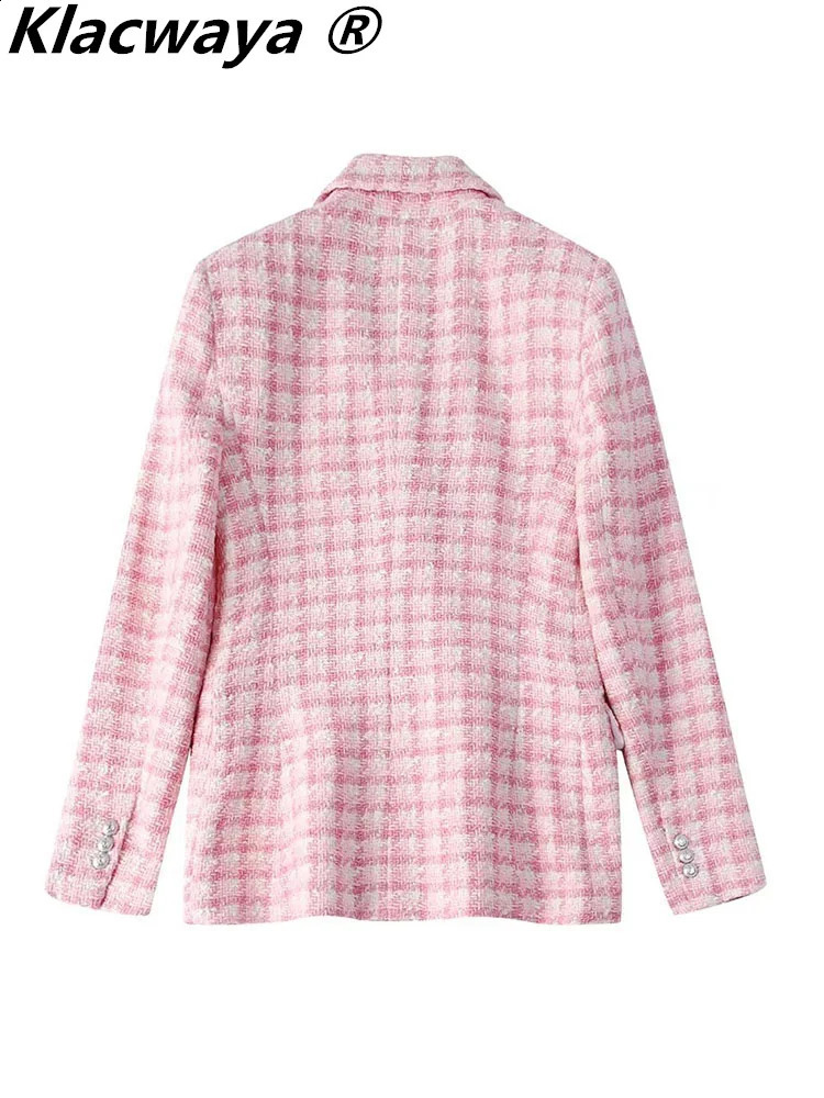 Klacwaya Blazer Women Jacket Pink Plaid Blazer Women Clothing Office Casual Tweed Blazers Double Breasted 240812