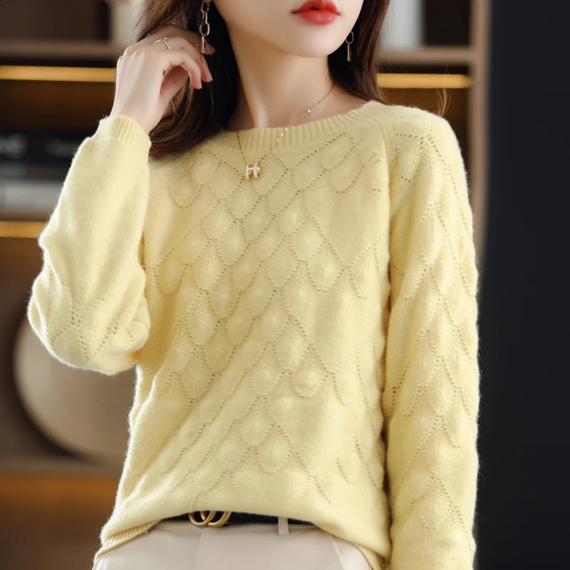 100%Pure Wool/Cashmere Sweater Women O-Neck Knit Large Size Petal Pullover Autumn Winter Thick Long-Sleeve Shirt Female 240812