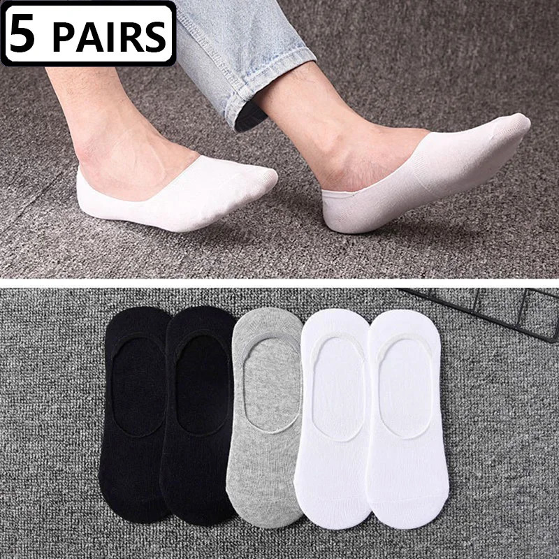5 Pairs Plus Size Boat Socks for Men - Non-Slip, Invisible, Summer Cotton, Black Sporty Meias