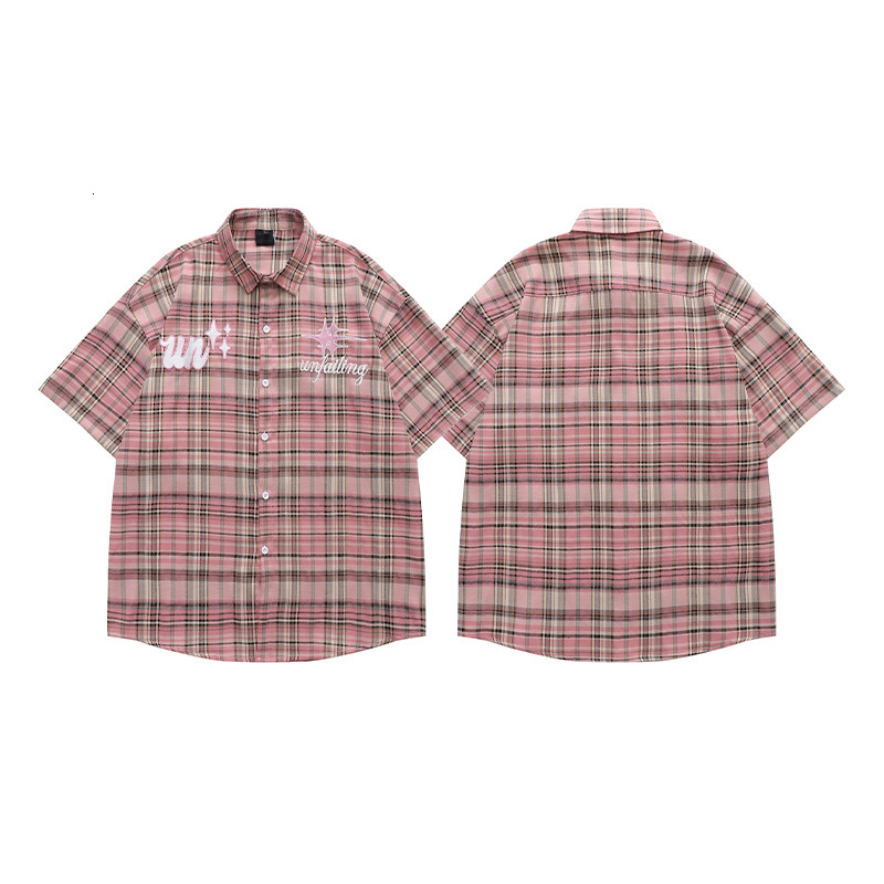 Clothing Mens Clothing Internet Celebrity Blogger Wearing Pink Checkered Short Sleeved Shirt for Couples Mens and Womens Personalized Shirt