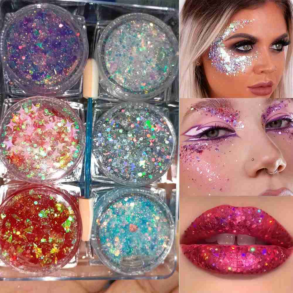 6 cans/set laser sequins gel facial body glitter eye shadow cream color sequins body cream stage nightclub halloween party makeup W240812