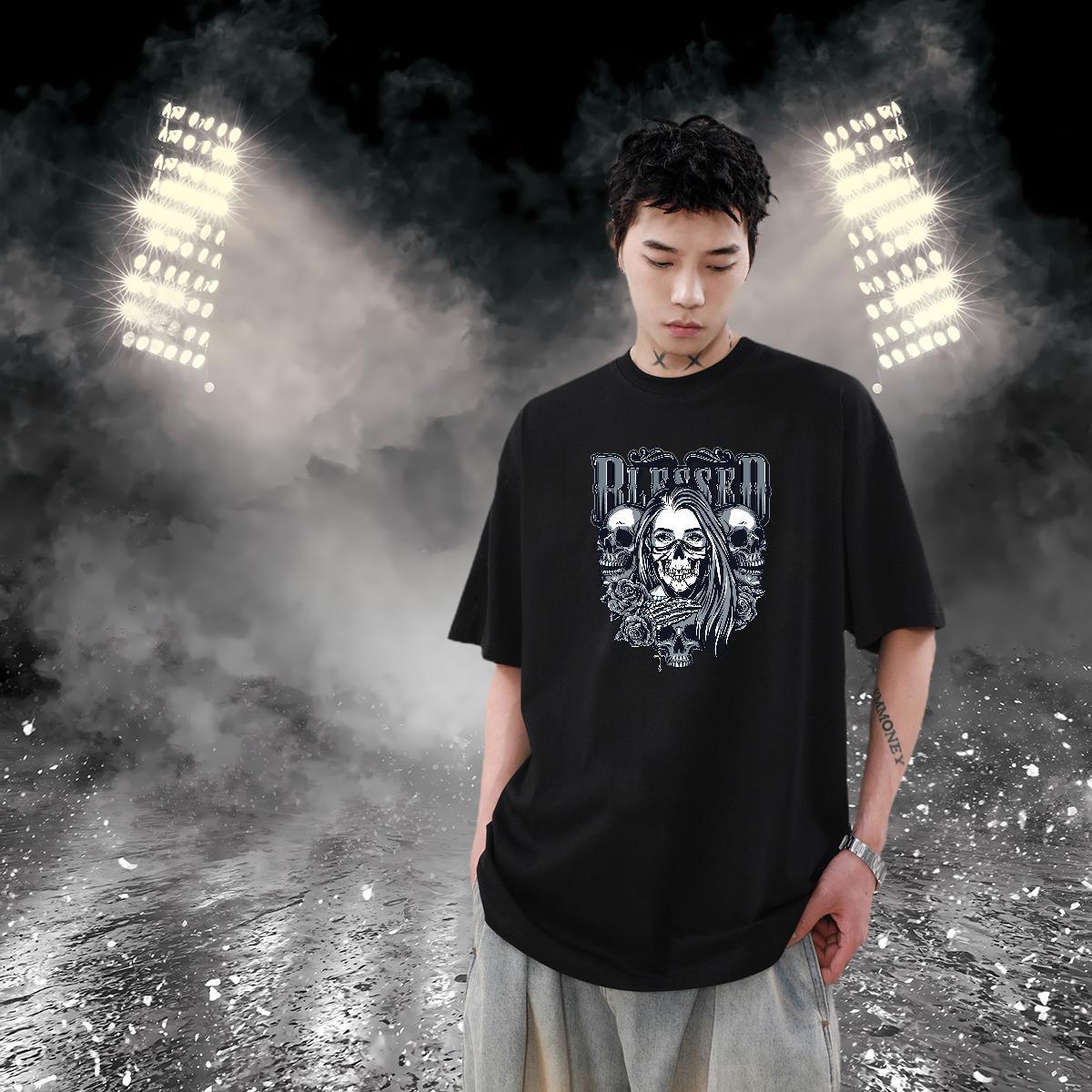 Customized T-Shirts for Men skull Polos 230g 100% Cotton Hip Hop Street Wholesale Floral Print Breathable Soft Couples T Shirts