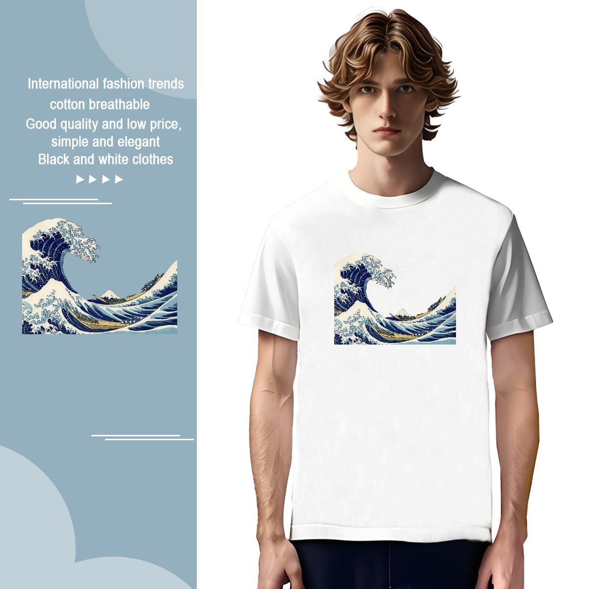 Cool Men Tops Tees sea wave 100% Cotton 230g Beach Breathable Crew Neck T-Shirts Custom Print Plus Size Fashion Casual Polos