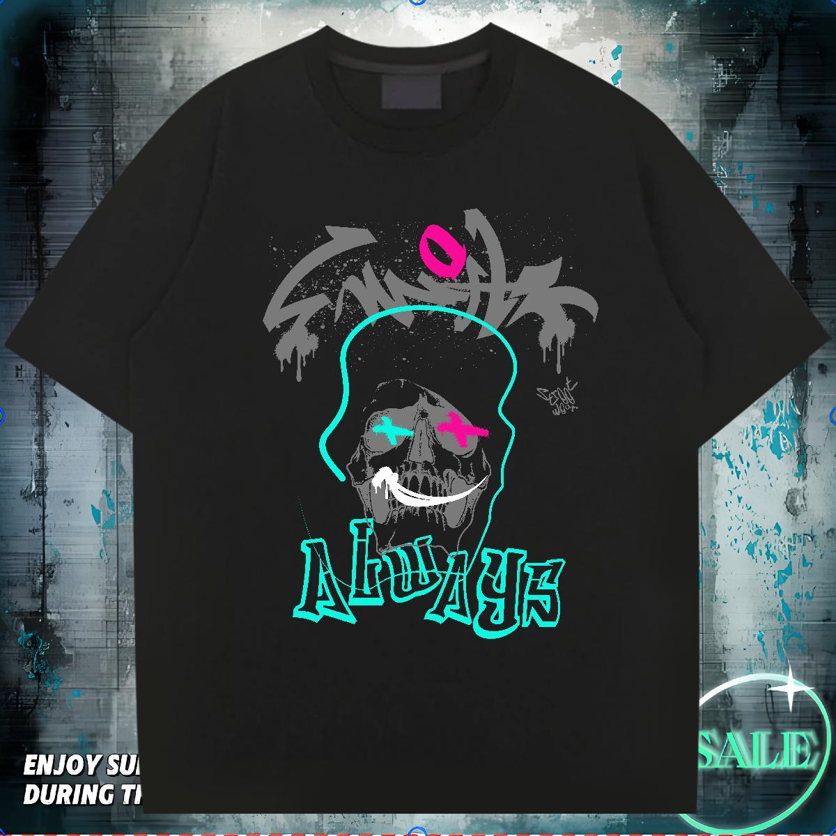Classic T-Shirts for Men skull Tees Shirts 230g Pure Cotton High Street Hip Hop Popular DIY Logo Oversized Round Neck Short Sleeve Tshirt for Man Woma