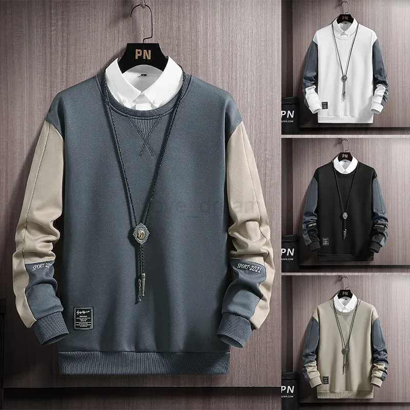 Long Sleeve Hoodies Men Clothes Fashion Casual Pullover Round Neck Fall Street Oversized Male Sportswear Hoodies PachworkXJ240812
