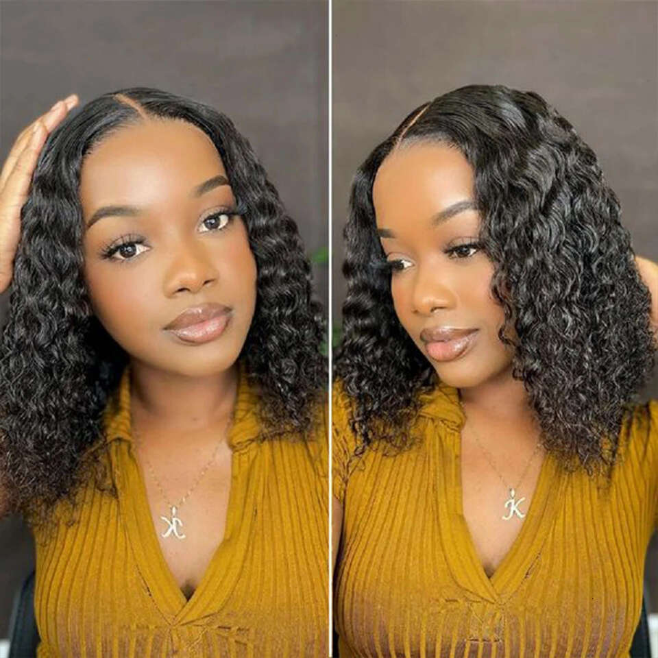 Deep Curly Bob Natural Black Color Brazilian HD Front Part 13X6 Transparent T Lace Highlight Hair Wigs