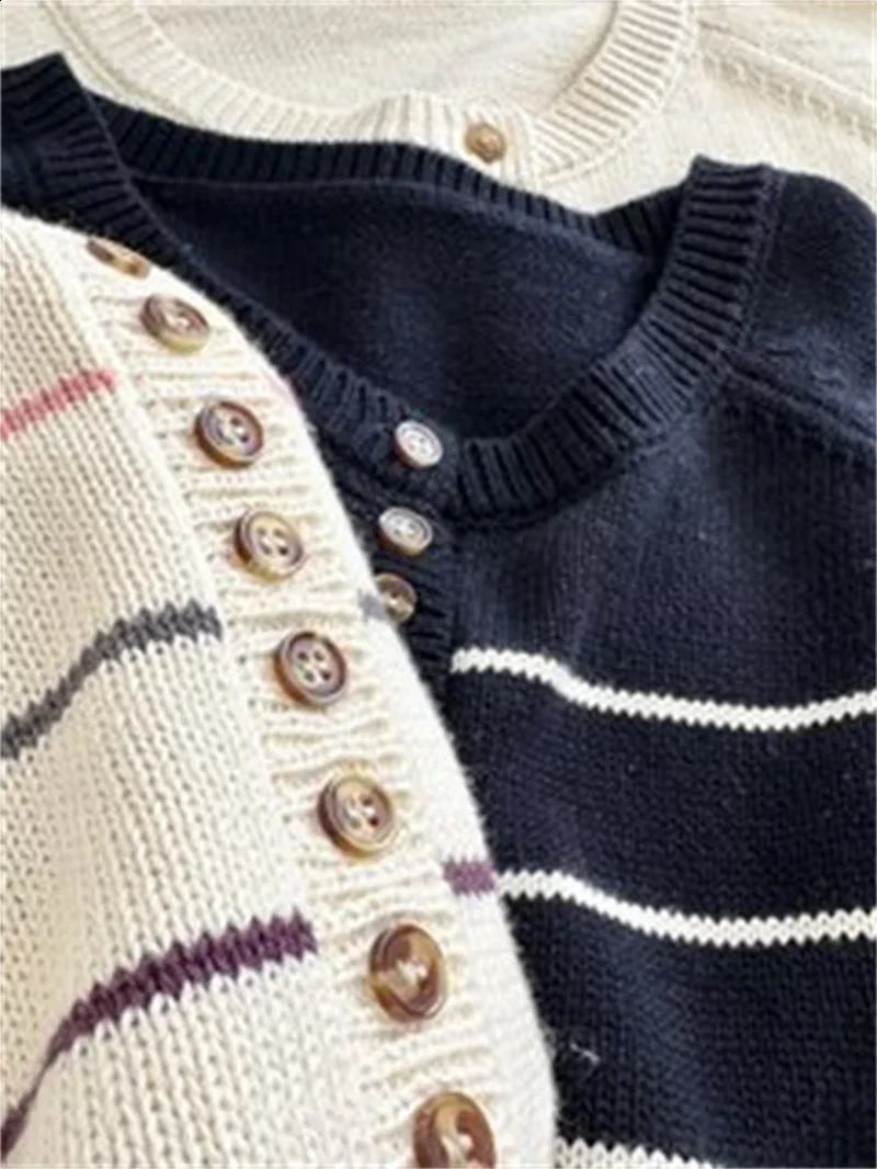 Autumn Womens Front Buttons Sweater Stripes Preppy Style O-neck Long Sleeve Female Pullover Tops 240812