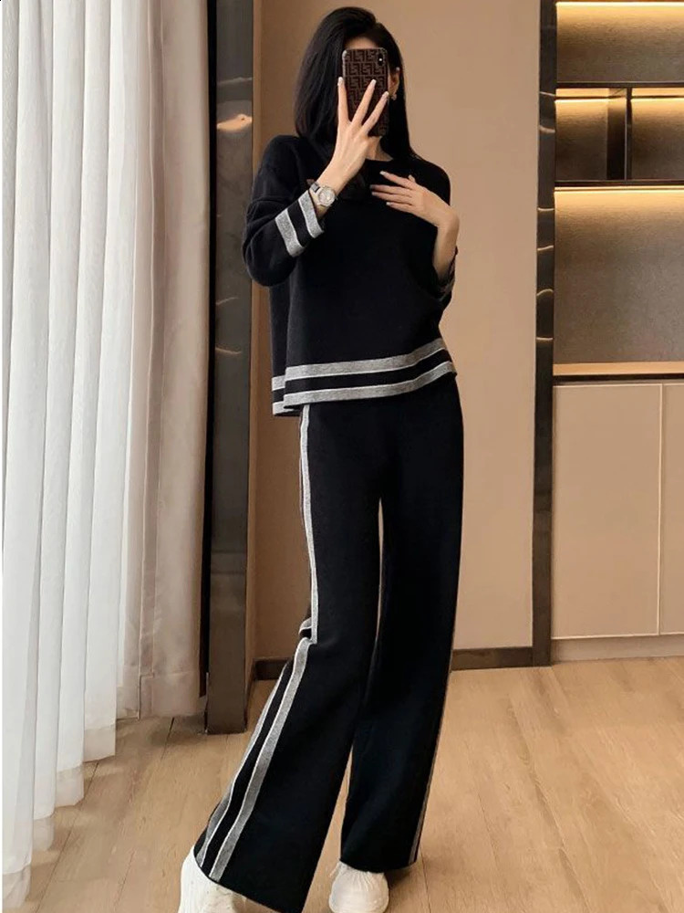 Loose Casual Striped Tracksuit Long Sleeved Sweatshirts Tops Conjunto High Elastic Waist Wide Leg Pants Suit Women Korean Sets 240812