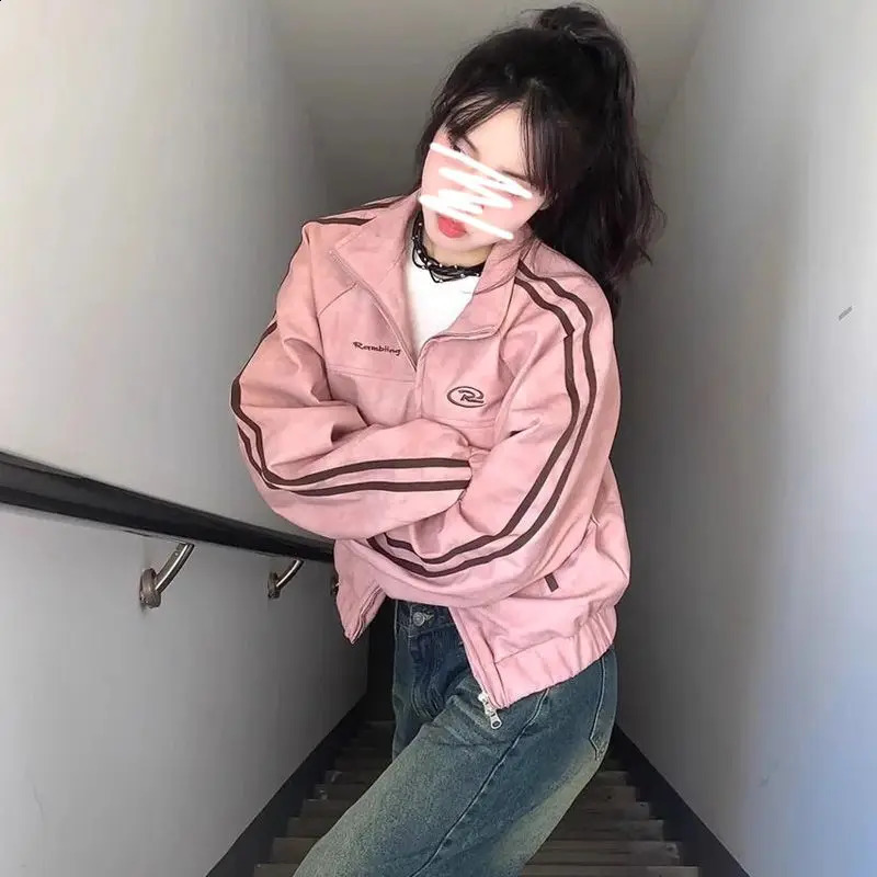 Bombers Coat Woman Hip Hop High Street Racing Bomber Varsity Leather Jacket Vintage Motorcycle Pink Leather Jacket Femme 240812