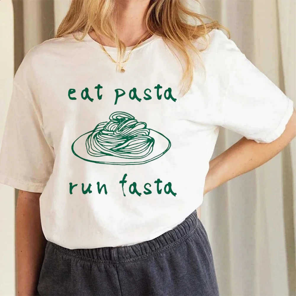 Eat Pasta Run Fasta T-Shirt Summer Cute Print Cartoon Fun Print Pattern Womens Fashion Style Clothing Beach Top T-Shirt. 240812