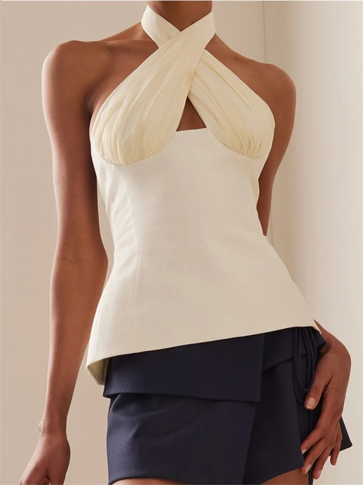 CHRONSTYLE Sexy Women Summer Fashion Tank Tops Solid Color Sleeveless Backless Tie-up Halter Off Shoulder Ruched Vest Streetwear 240812 - view 6
