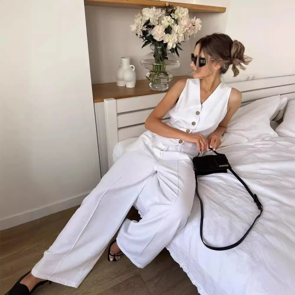 Womens Two-piece Solid Color V-neck Sleeveless Button Down Vest with Hanging Wide Leg Pants Casual Set for Summer 240812